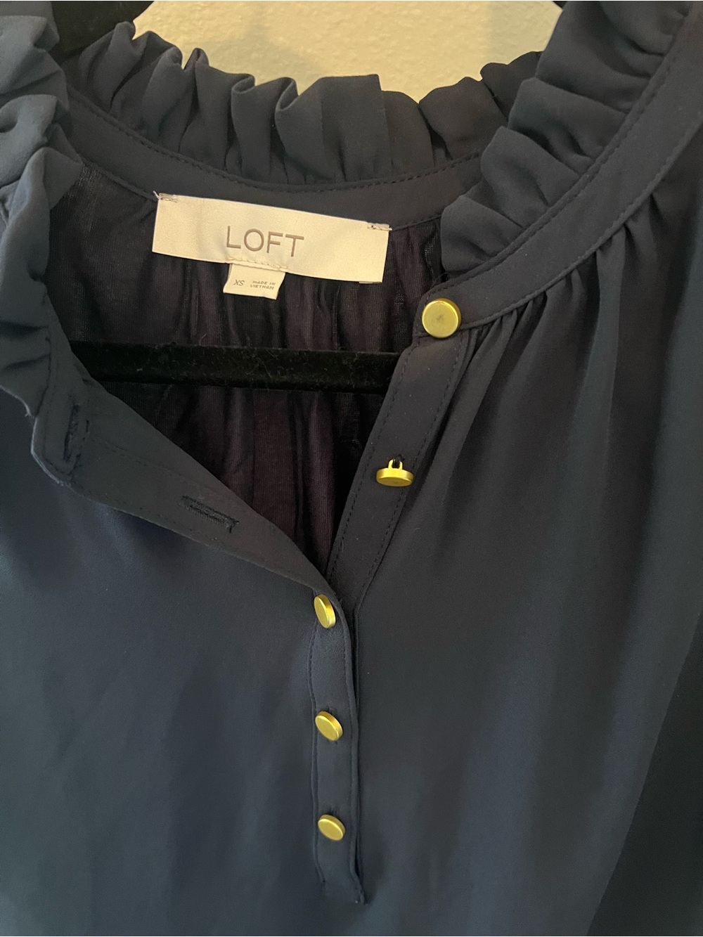 LOFT Navy Ruffle-Neck Sleeveless Shell with Gold Buttons - Picture 2 of 5